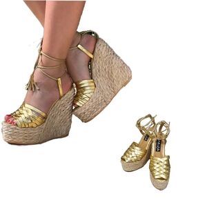 NWOT MJA Handmade Leather & Jute Metallic Gold Wedge Heel Peep-Toe Sandals